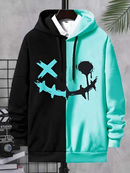 Blue and Black Cotton Printed Full Sleeves Hoodie