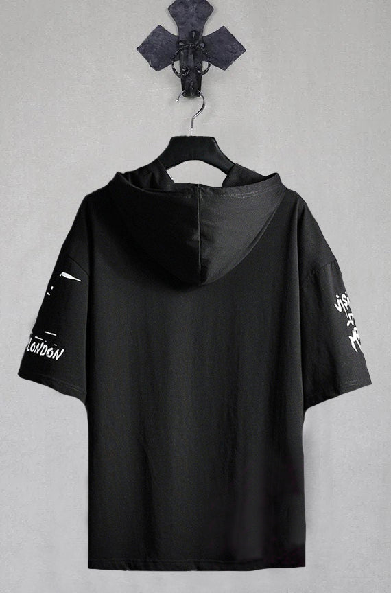 Black and White Cotton Printed Hoodie